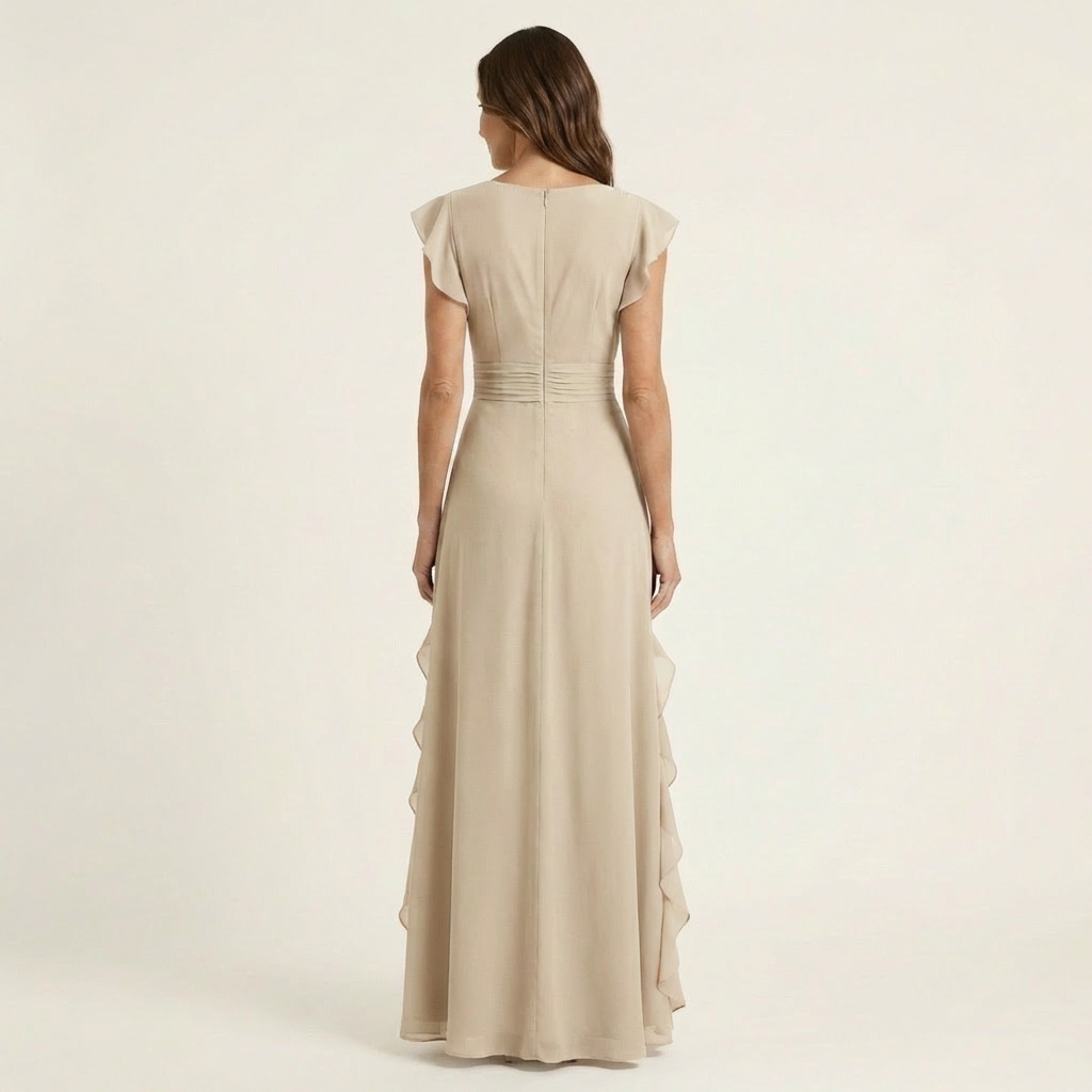 Robe maxi à volants en V avec manches évasées, modèle Nellyana de Danoir Paris, en tissu fluide et élégante.