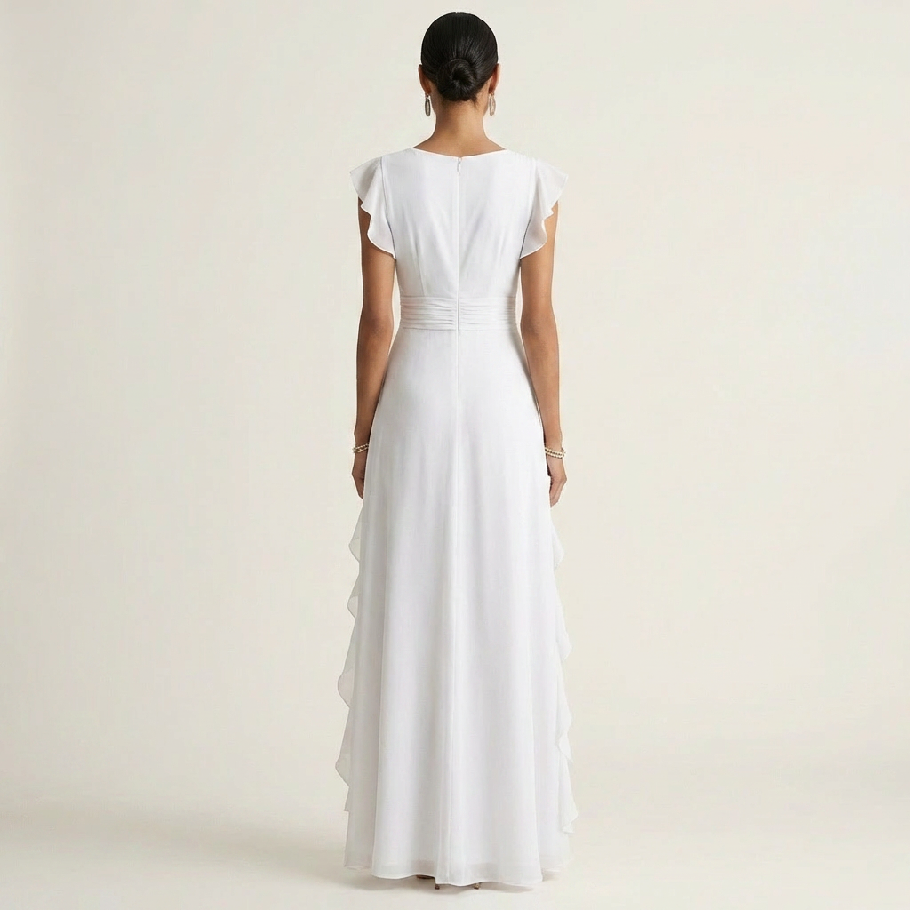 Robe maxi à volants en V avec manches évasées, robe élégante Danoir Paris, tissu fluide et détails féminins.