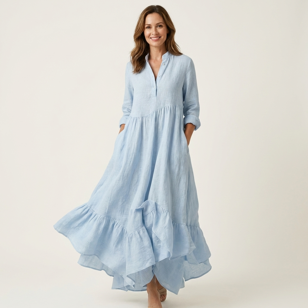Robe maxi Danoir Paris Jilana avec col haut, boutons, ourlet à volants et tissu fluide, portée en vue frontale.