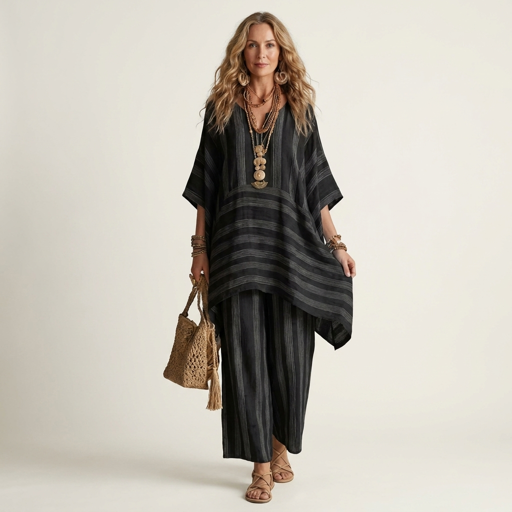 Robe d'été bicolore en coton-lin à rayures, modèle Kiara, de Danoir Paris, avec bretelles fines et style décontracté.