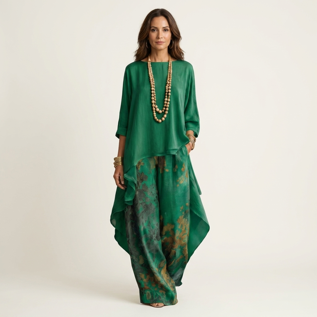 Ensemble deux pièces en coton-silk de Danoir Paris, tunique asymétrique élégante et confortable, porté par une mannequin.