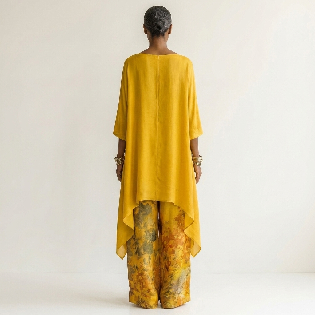 Ensemble deux pièces en coton-soie Cariola de Danoir Paris, tunique asymétrique avec détails élégants, porté sur mannequin.