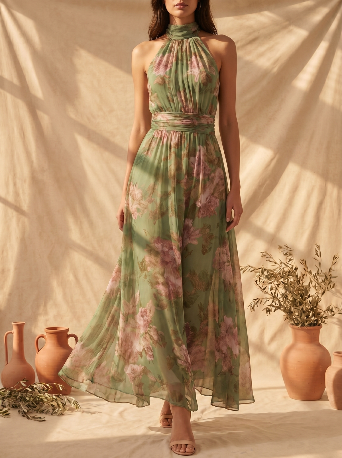 Robe longue en lin pour femme Lidia de Danoir Paris, avec col halter, couleur neutre, portée élégante et décontractée.