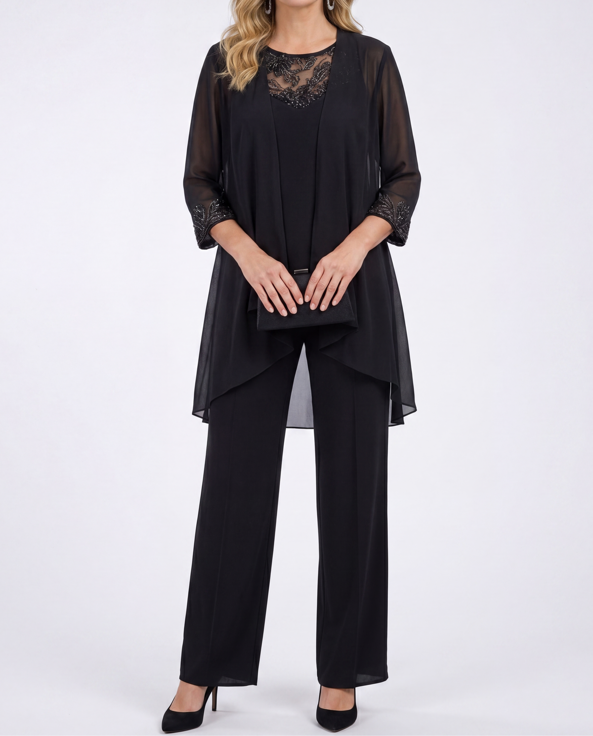 Ensemble de soirée en trois pièces Evelyn de Danoir Paris, fluide, élégant, avec vêtements assortis pour femme.