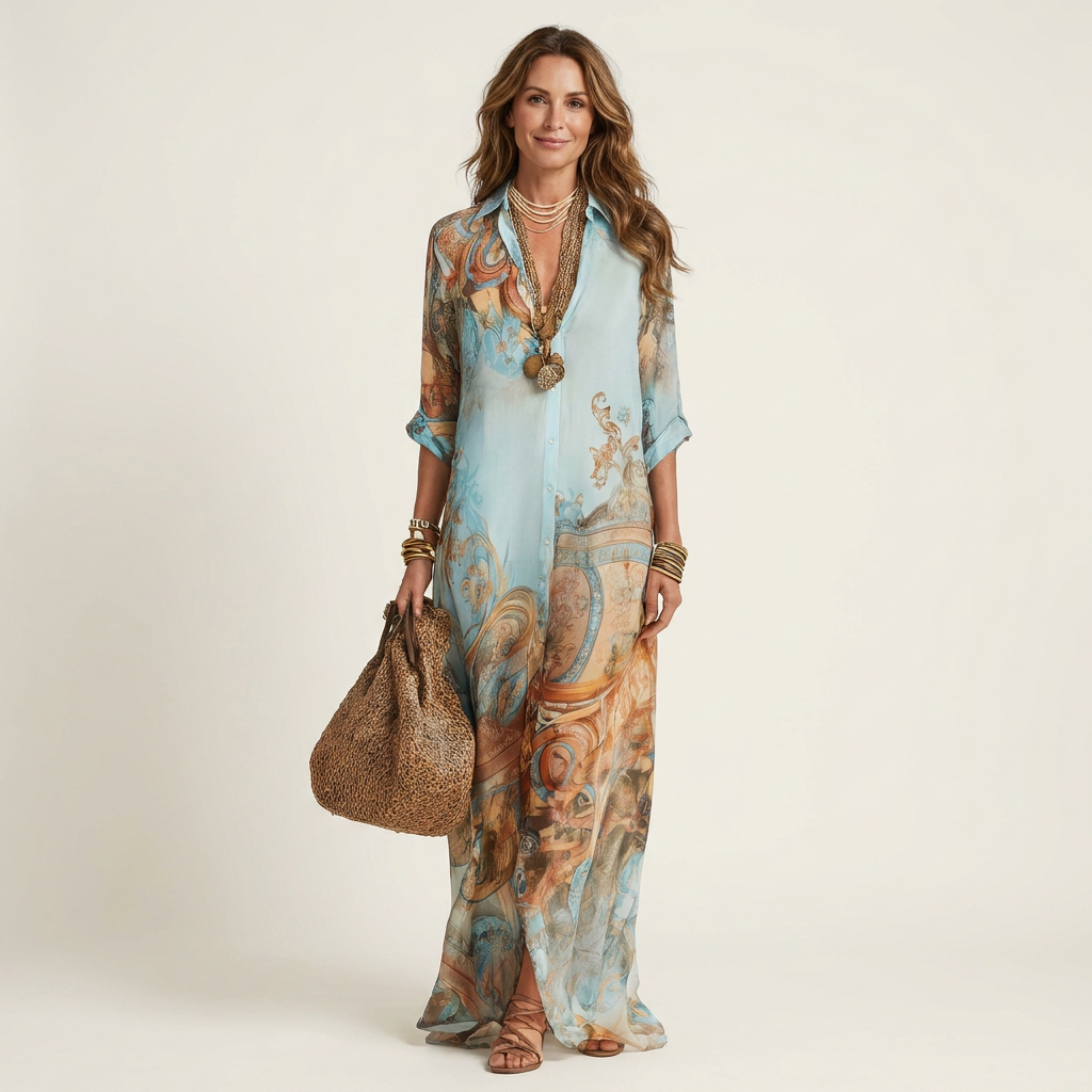 Robe maxi en soie Lanie de Danoir Paris, robe longue élégante avec col en V et manches longues en tissu brillant.