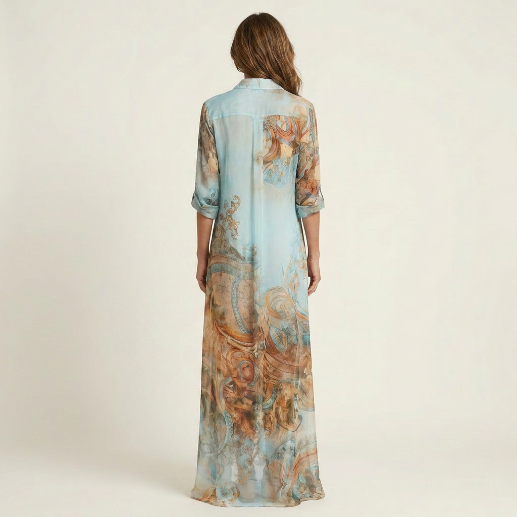 Robe longue en soie maxi Lanie de Danoir Paris, chemise élégante avec col et manches longues, tissu fluide et sophistiqué.