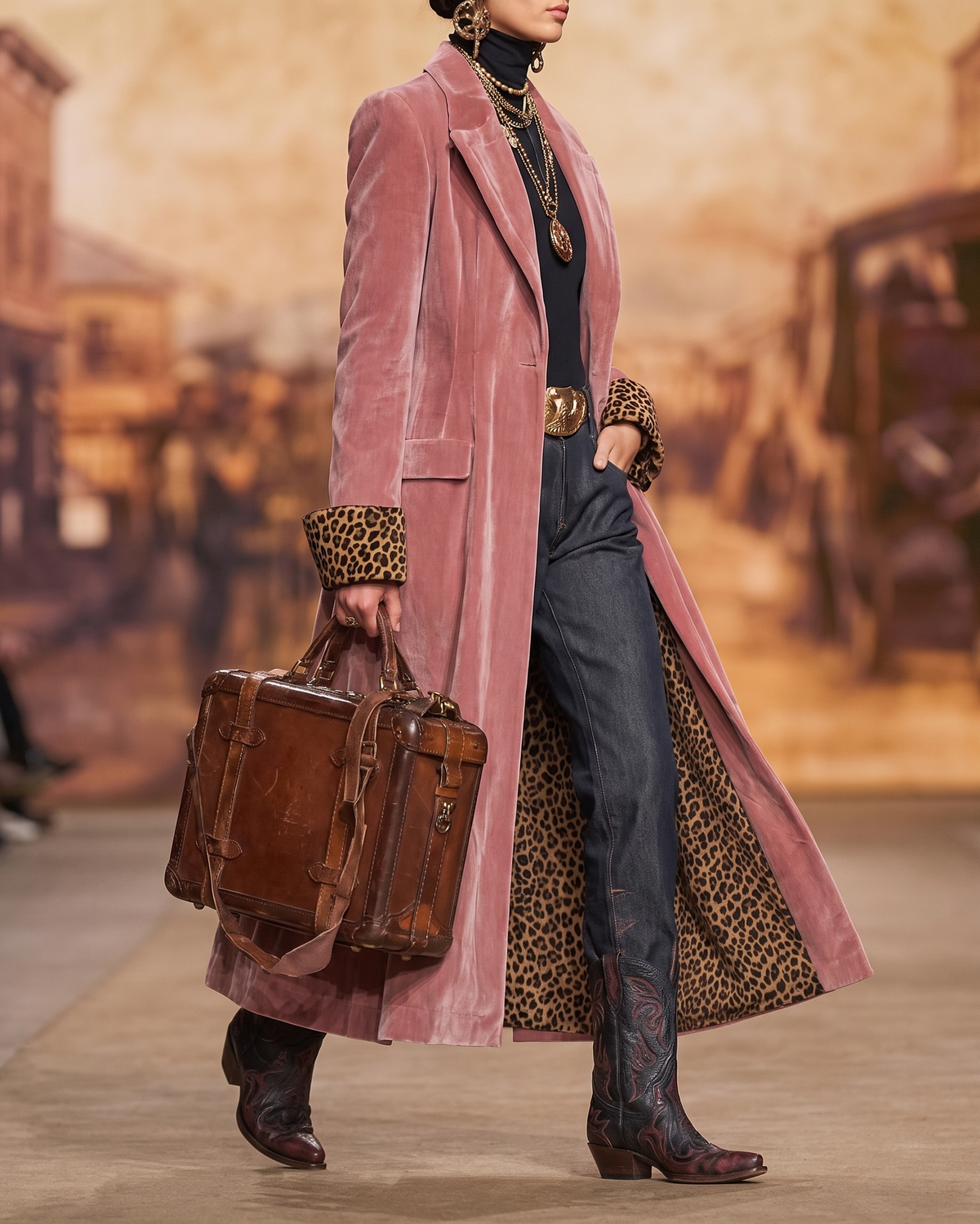 Manteau long élégant Madison de Danoir Paris, sur mesure, en tissu raffiné avec détails sophistiqués, porté sur mannequin.