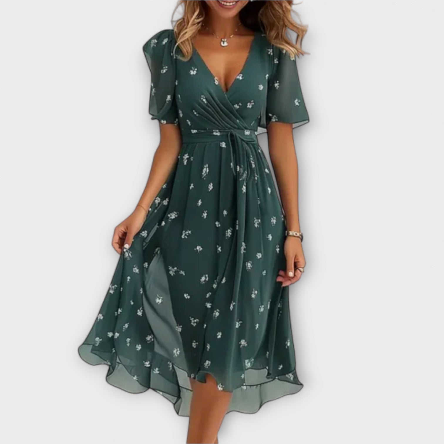 Robe élégante Clara de Danoir Paris, tissu fluide, couleur pastel, portée avec style, vue de face.