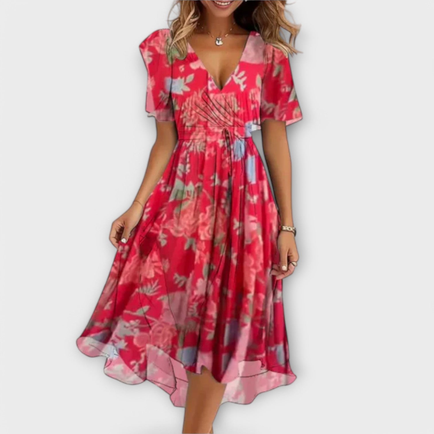 Robe élégante Clara de Danoir Paris avec coupe fluide et détails raffinés, portée par un mannequin.