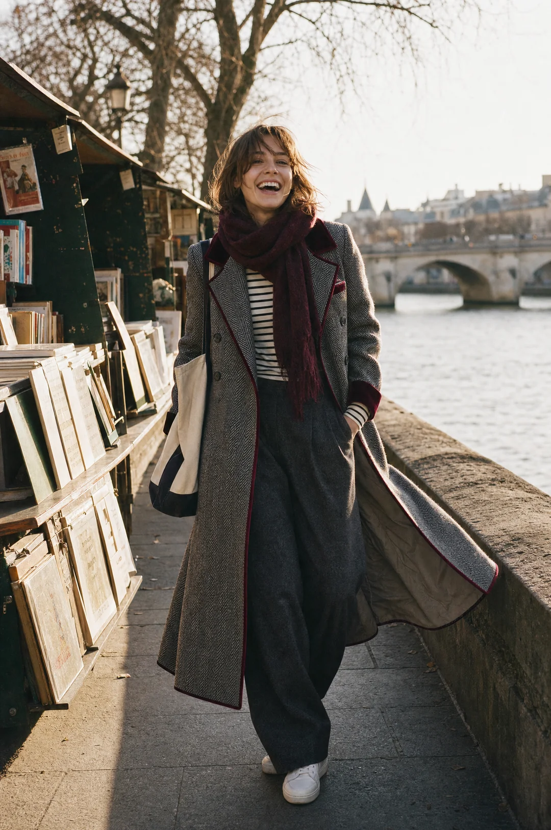 Manteau long en laine à chevrons avec finition en velours, élégant, de la marque Danoir Paris, porté avec col et poches.