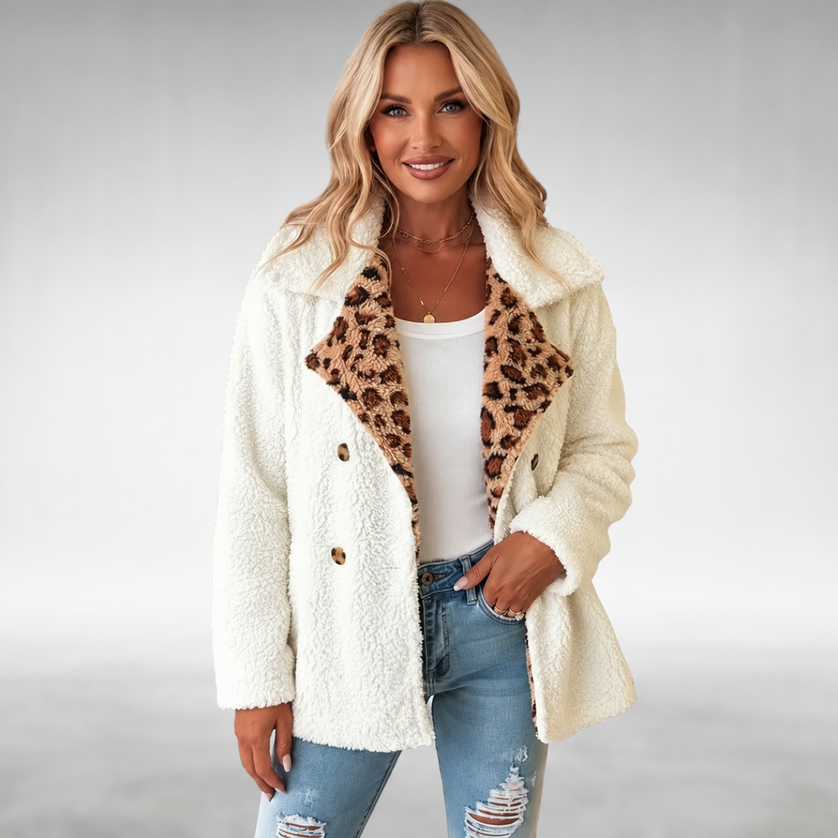 Manteau Teddy Léopard Lori de Danoir Paris, tissu doux avec motif léopard, porté sur un mannequin.