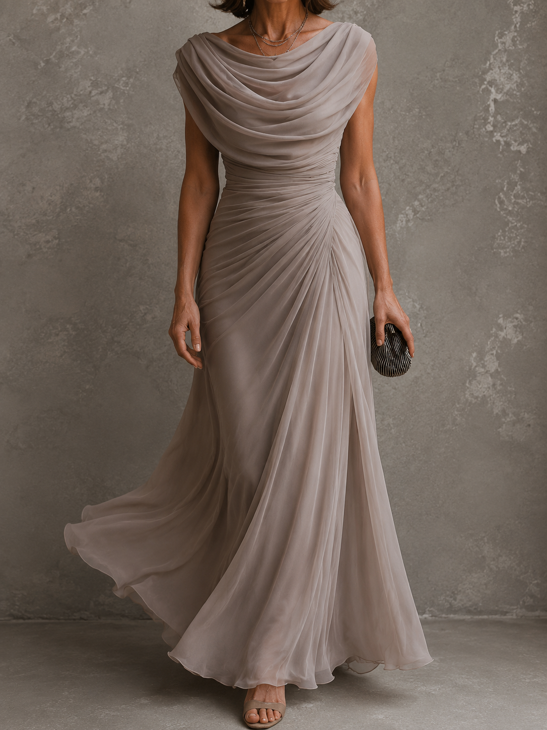 Robe longue femme Drapée sans manches Maëlle par Danoir Paris, élégante vêtement abiti, vue de face sur fond neutre.