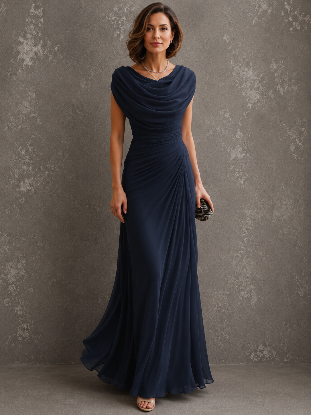 Robe longue femme Danoir Paris Maëlle, drapée sans manches, élégante et fluide, portée sur un fond neutre.