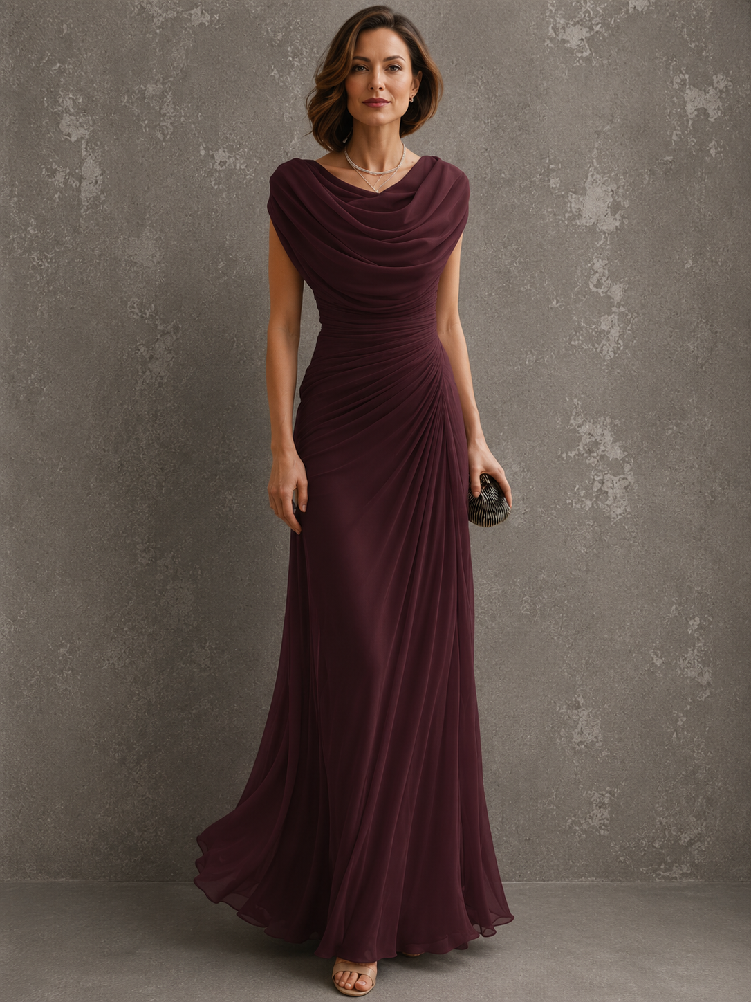 Robe longue sans manches Maëlle de Danoir Paris avec drapé élégant, portée par une femme, vue en image.