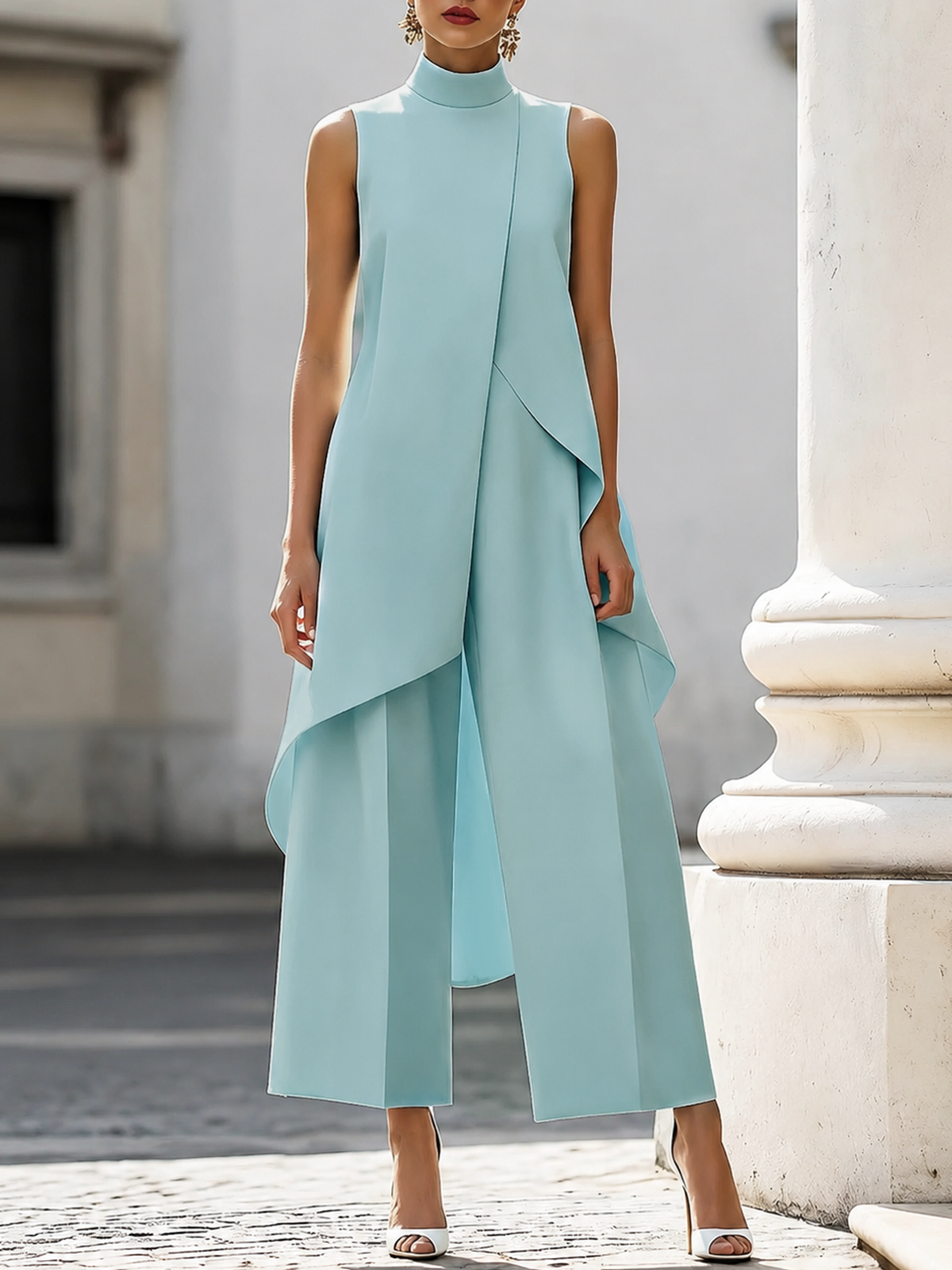 Ensemble femme Catalina Danoir Paris avec haut col haut et pantalons palazzo, tissu fluide et élégant, vue de face.