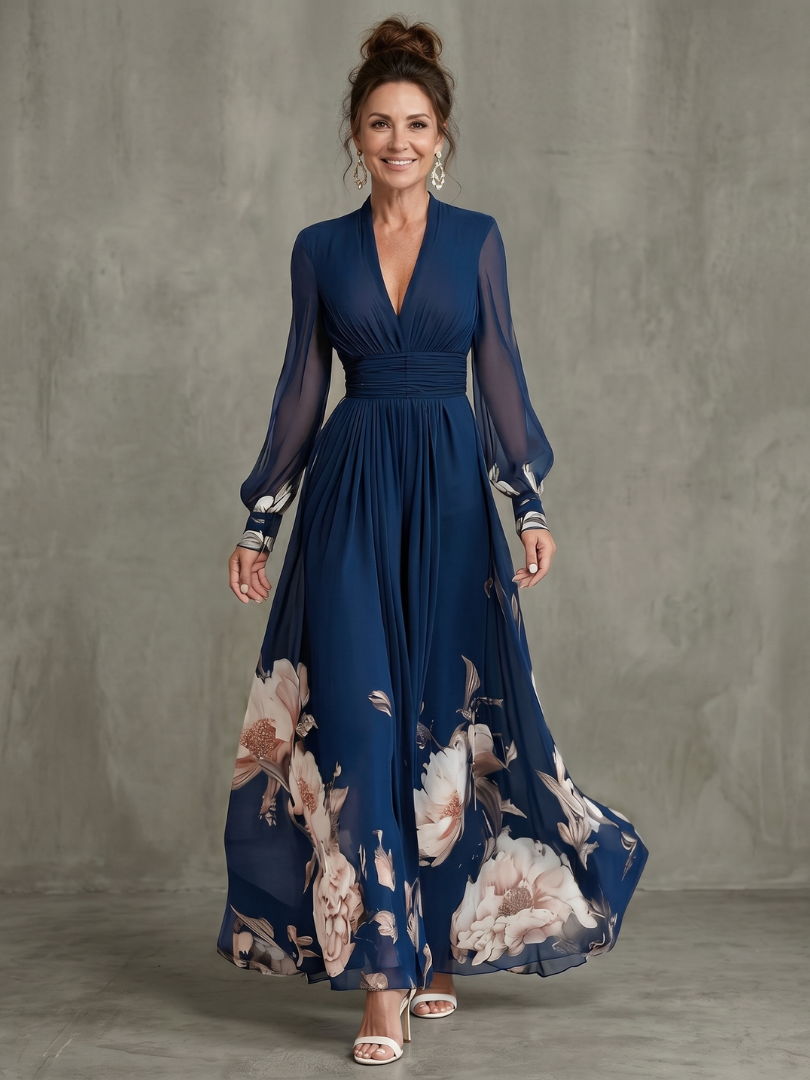 Robe maxi Danoir Paris à manches transparentes et ourlet floral, vue de face, tissu fluide et élégante dans la couleur marine.