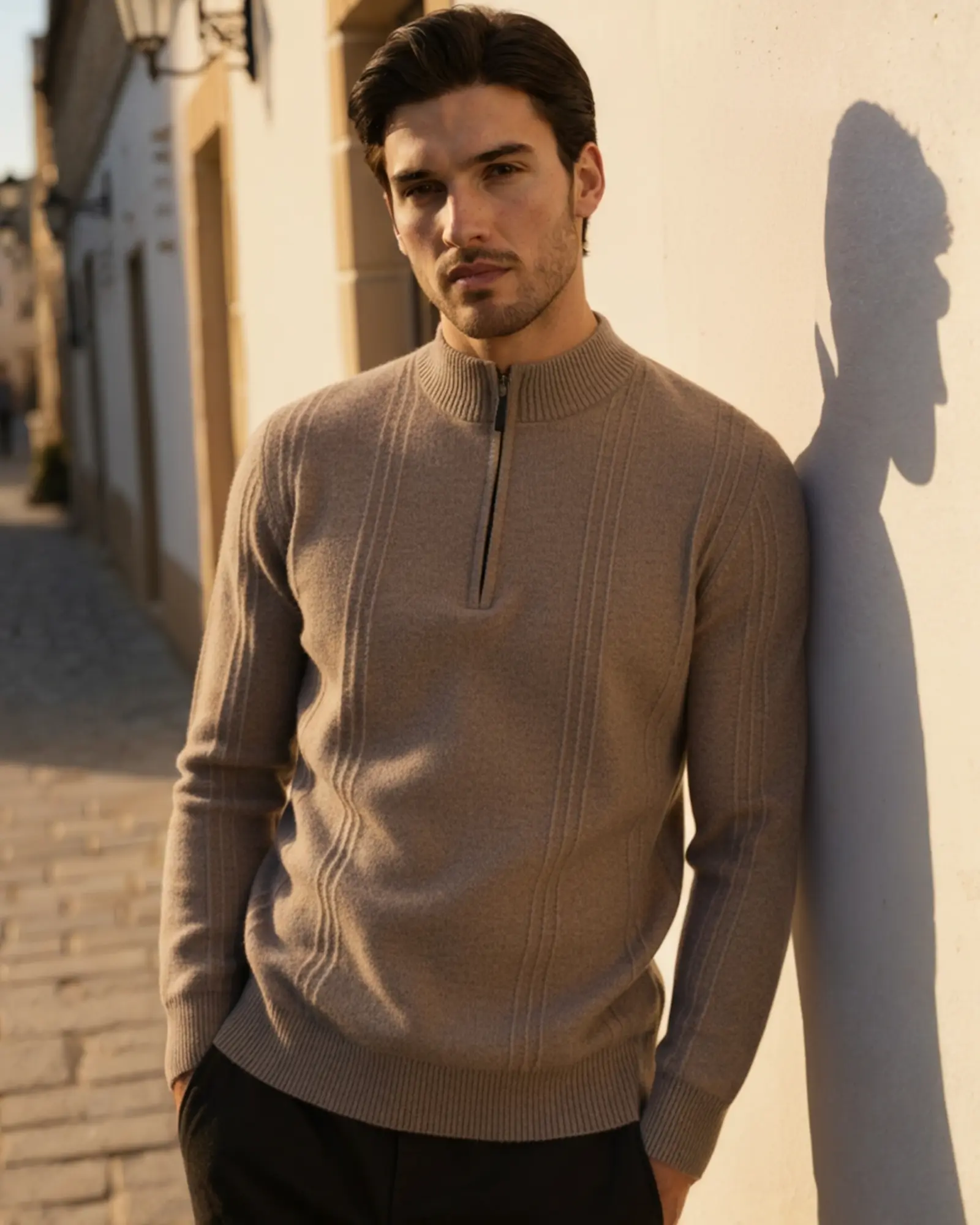 Pull en cachemire beige à col half-zip en maille côtelée, de la marque Old Money, pour homme ou femme.