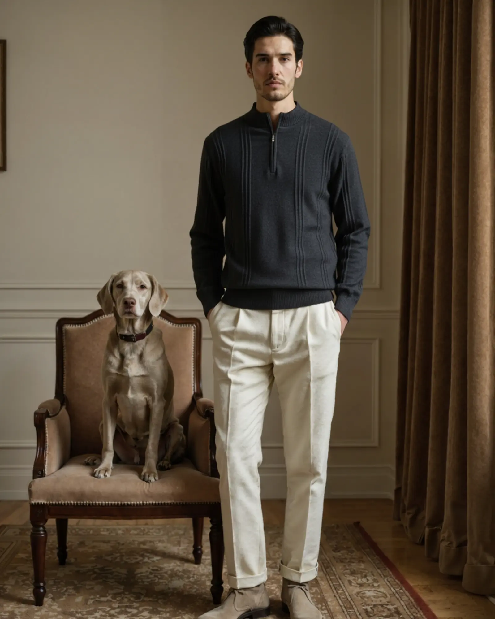 Pull en cachemire beige à col zippé mi-hauteur Old Money, finition côtelée, doux et élégant.