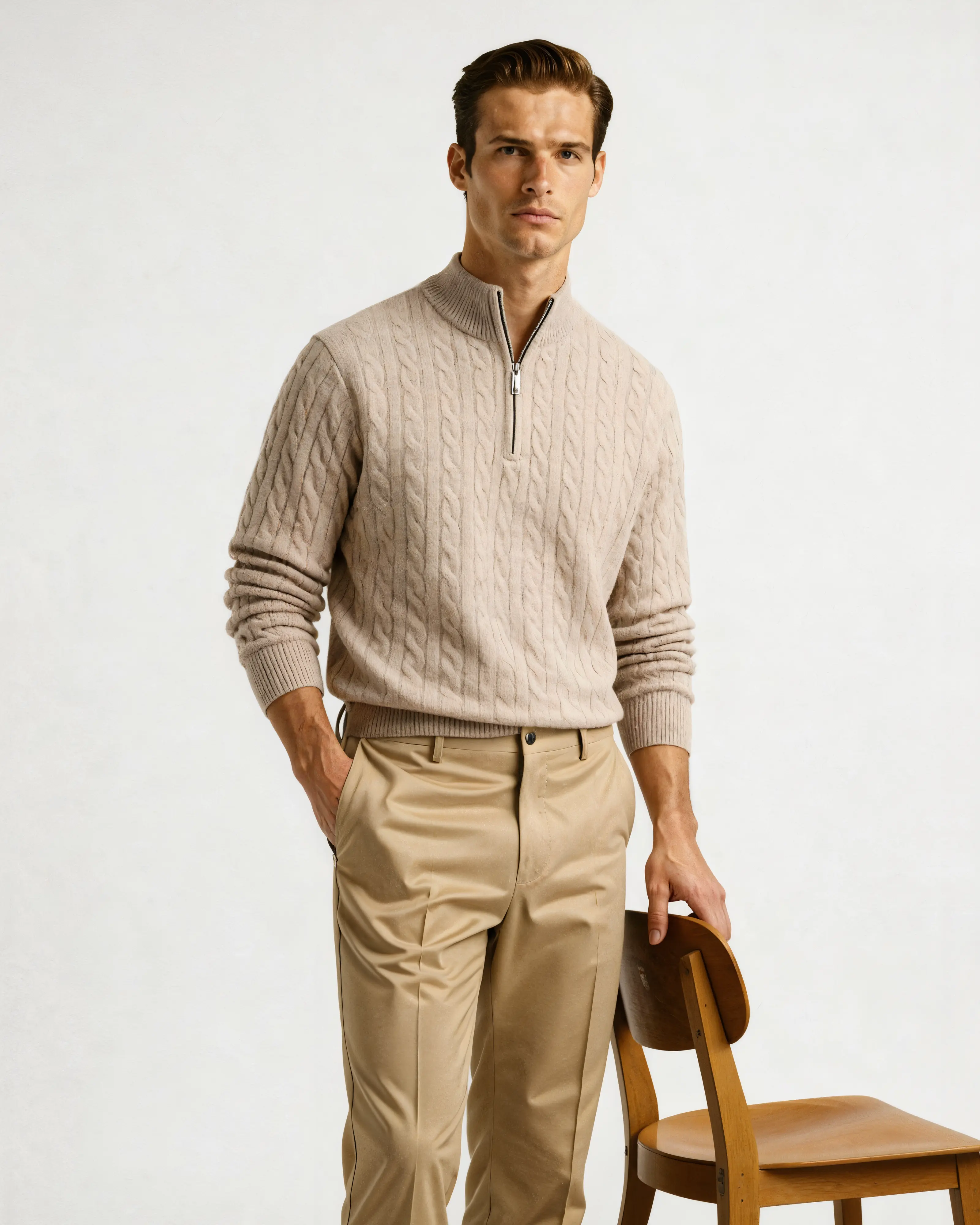 Pull à moitié zip en cachemire beige Old Money, tissé, avec col montant et manches longues, pour un style élégant et chaud.