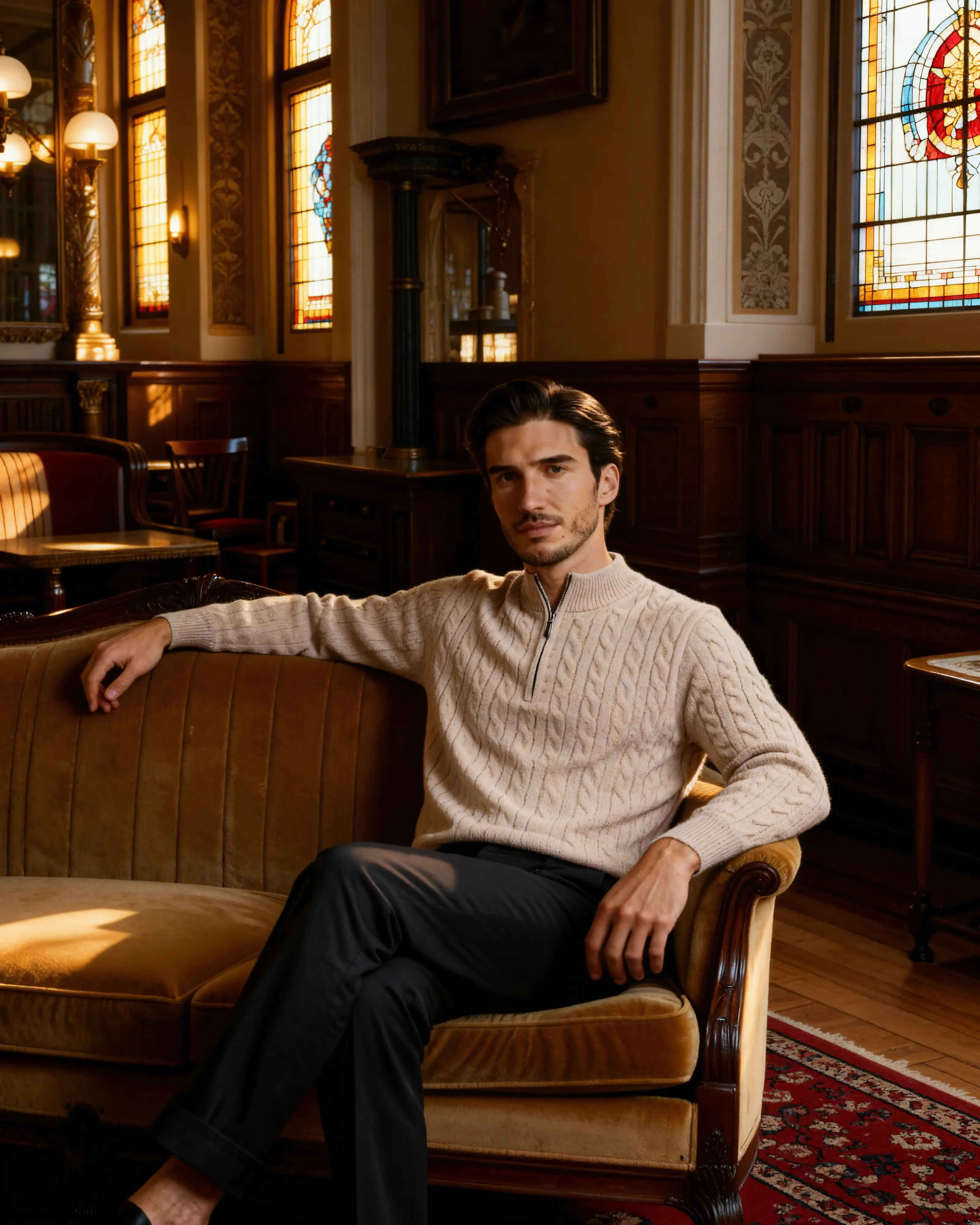 Pull en cachemire beige Old Money à demi-zip, tissé, pour homme ou femme, avec col montant et finition élégante.