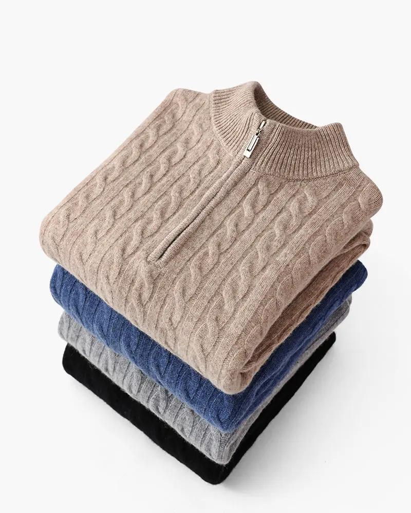 Pull à demi-zip en cachemire beige Old Money, tissé, doux et élégant pour homme ou femme.