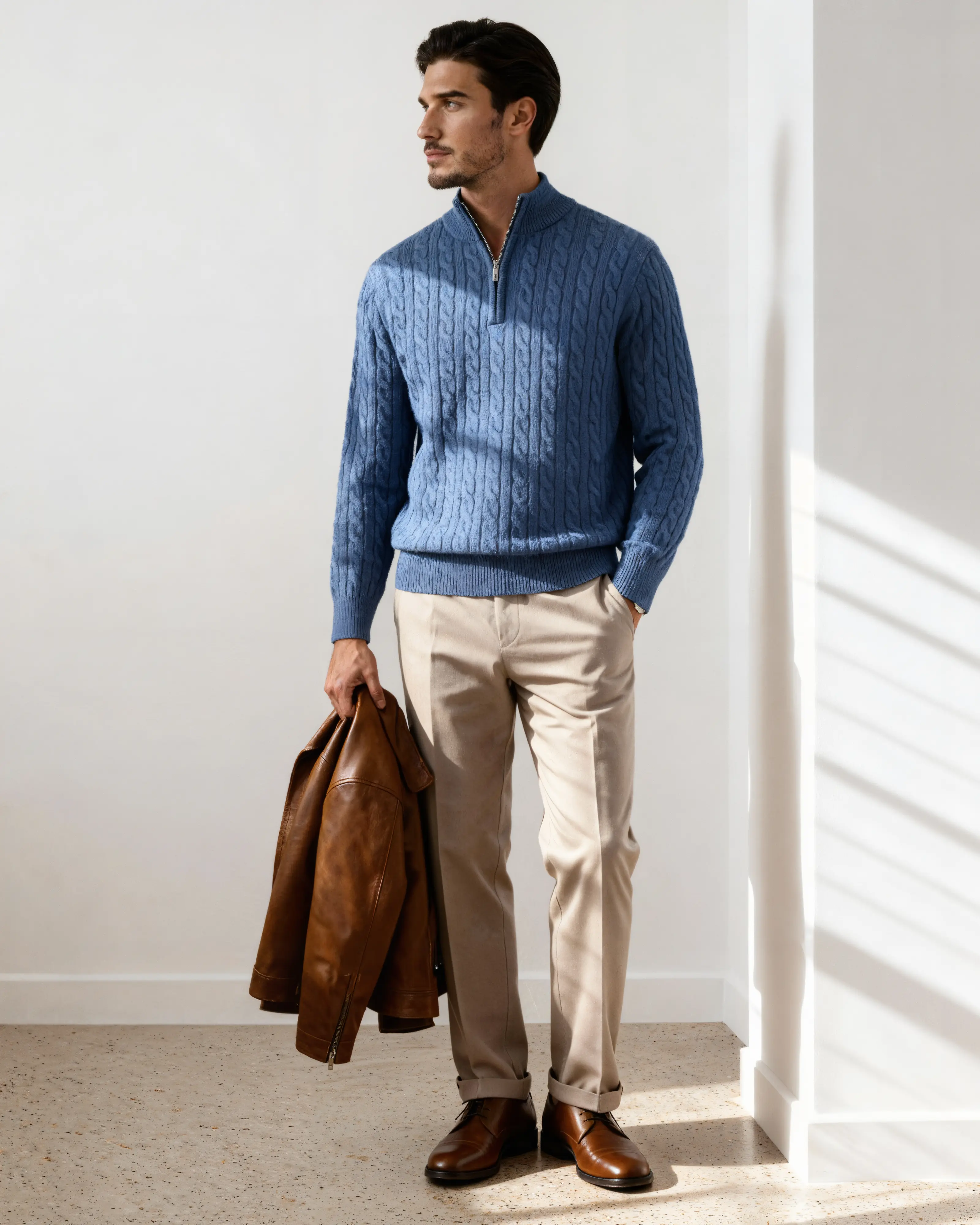 Pull en cachemire beige Old Money à demi-zip en tissu tissé, pour un style élégant et chaud.