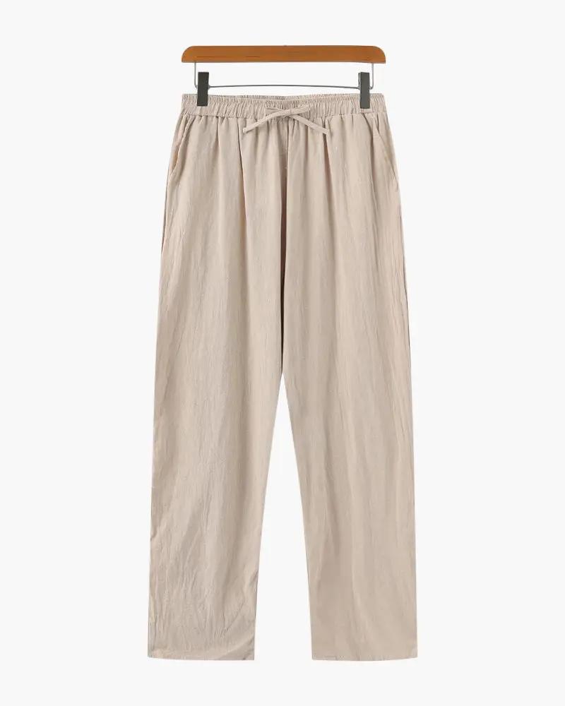 Pantalon en lin beige Zanzibar de la marque Old Money, coupe décontractée et tissu léger pour un style élégant et confortable.
