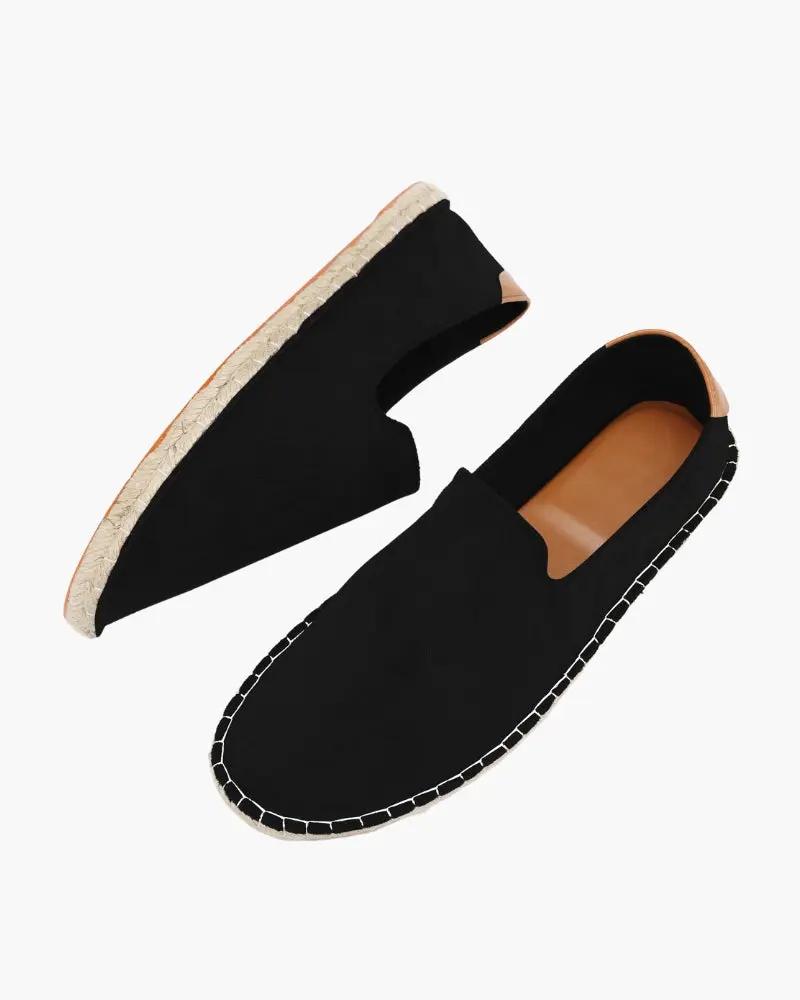 Espadrilles Soho de la marque Old Money en noir, chaussure élégante en toile avec semelle en corde pour femmes.