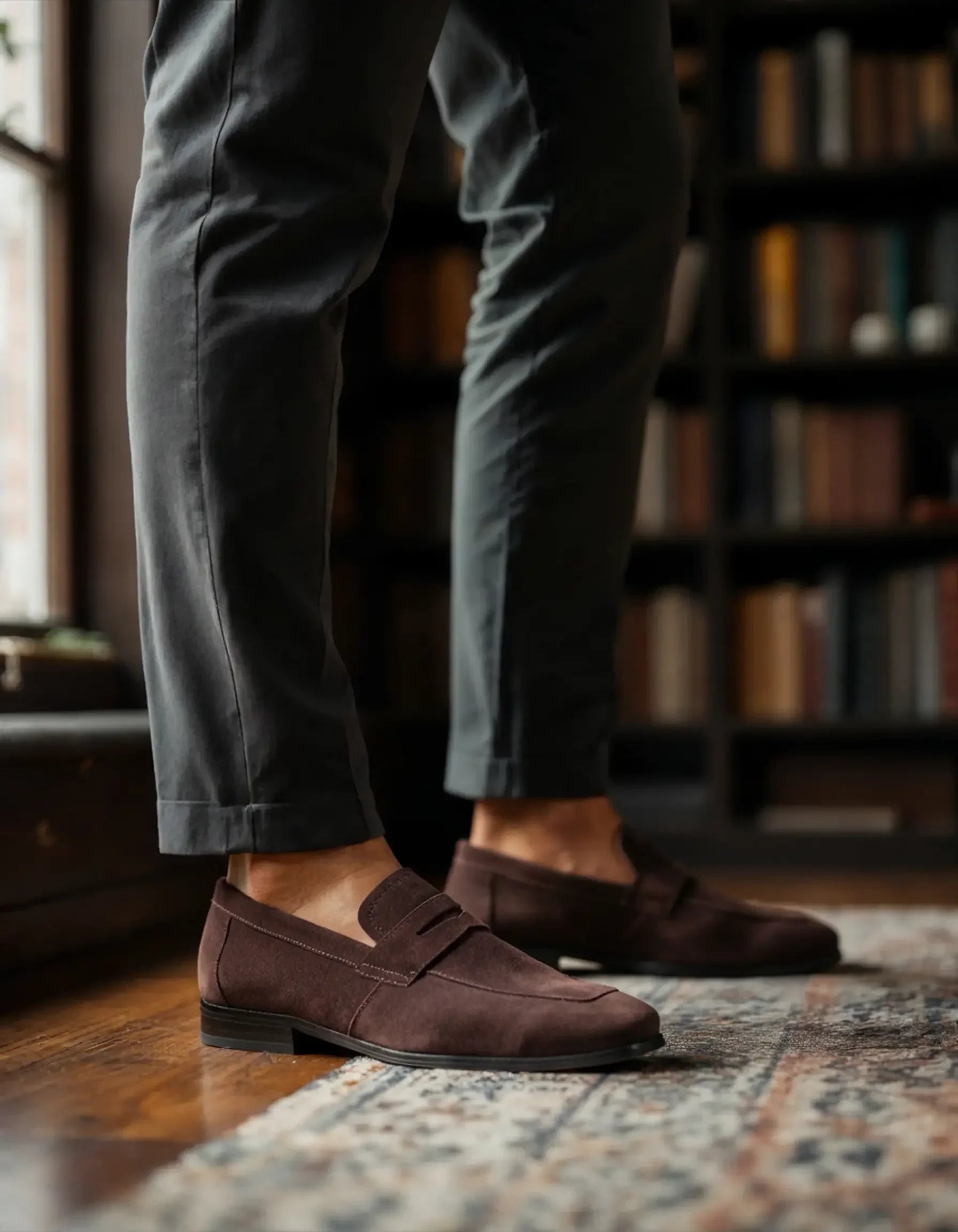 Mocassins en daim Old Money Penny Loafers noirs pour hommes, pointure EU 39, vue de profil sur fond blanc.