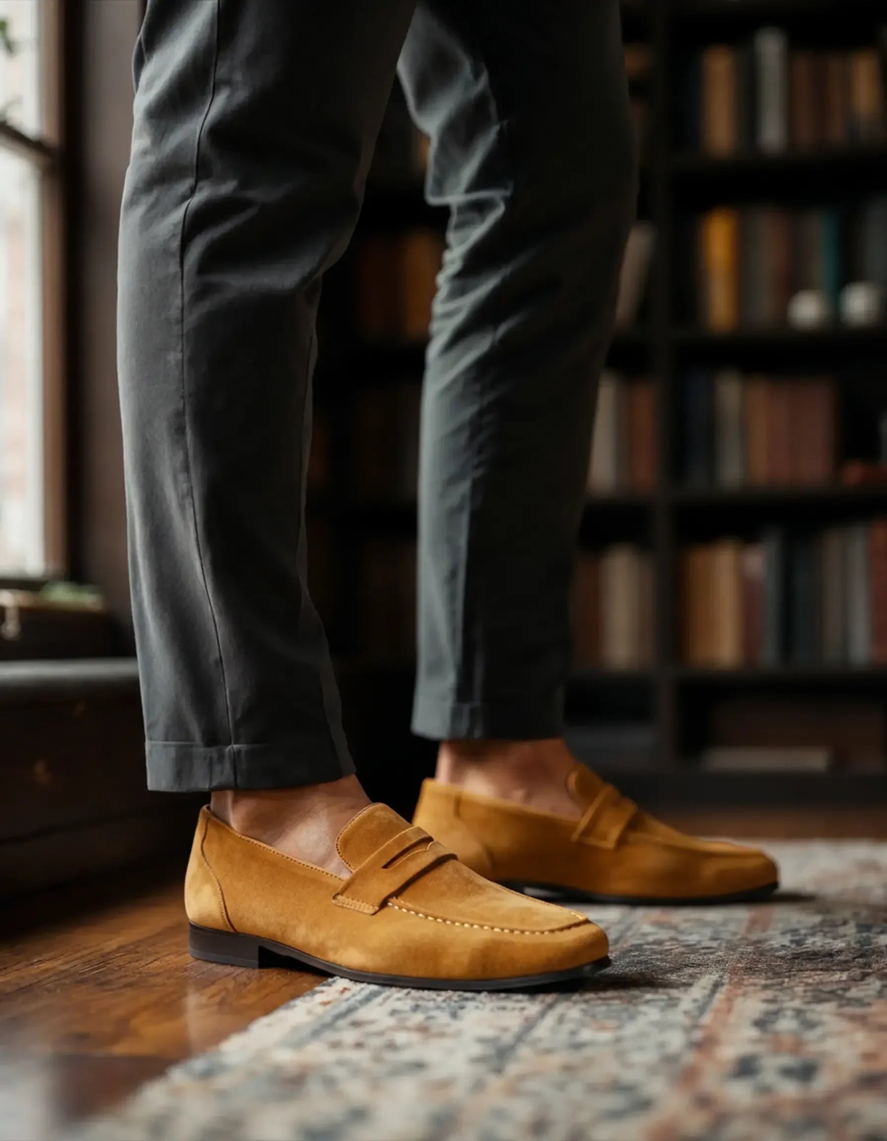 Chaussures mocassins en daim Old Money Penny Loafers de couleur noire, pointure EU 39, vue de face sur fond blanc.