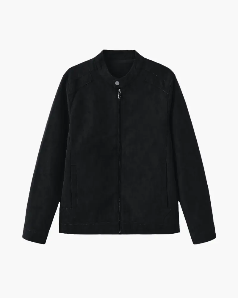 Veste en cuir suédé noire Old Money Estate, mode élégante, avec col et poches visibles, pour un style sophistiqué.