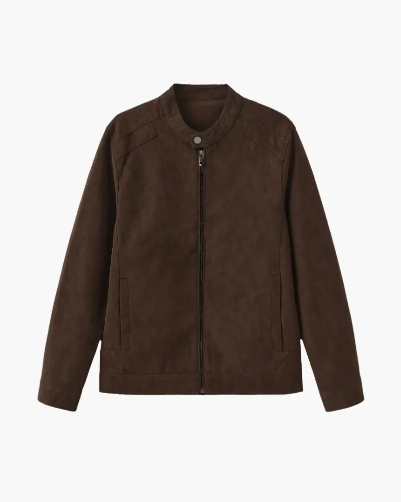 Veste en daim en cuir Old Money Estate de couleur noire, coupe élégante et détails en cuir visible sur l'image.