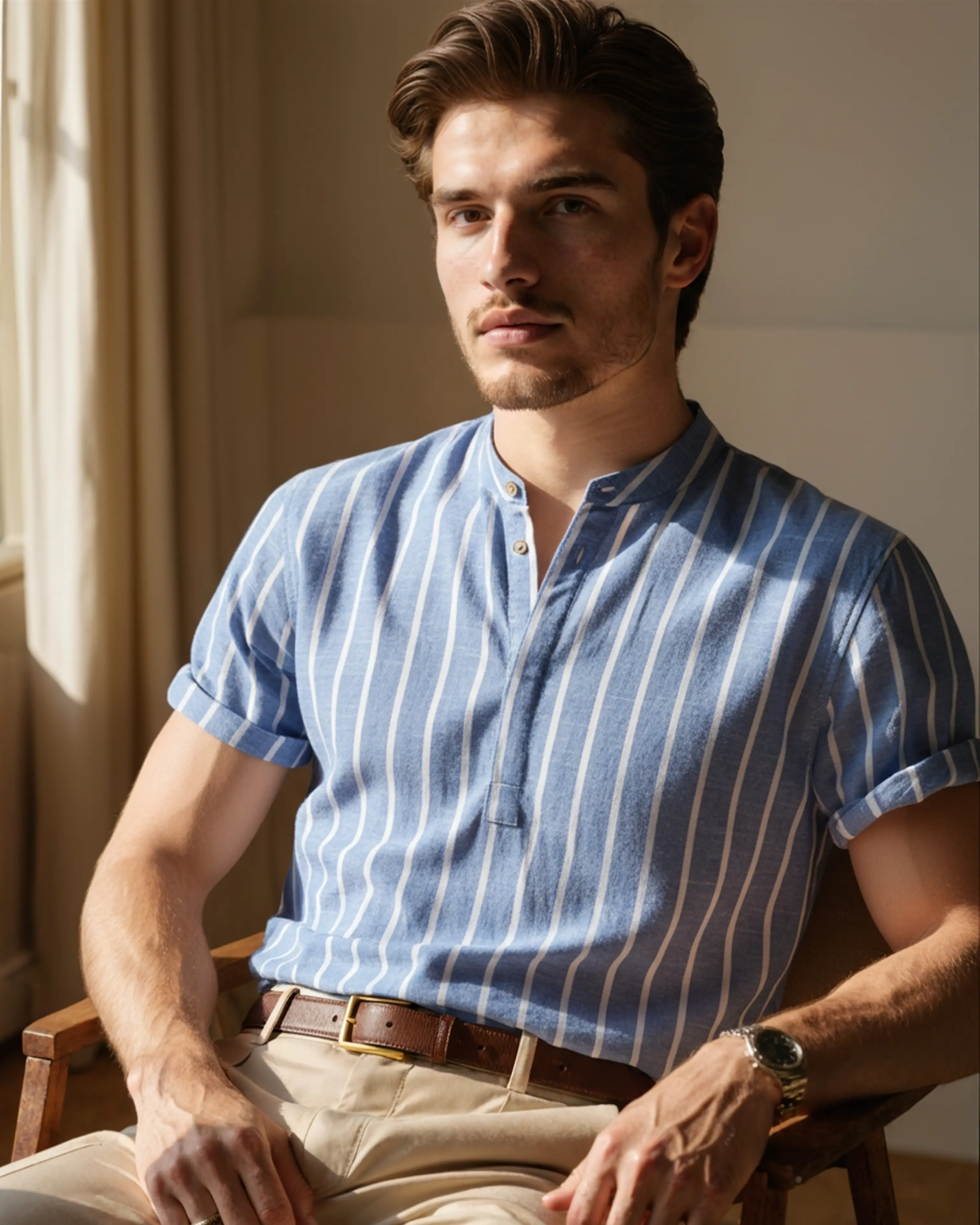 Polo sailor Old Money Bari en bleu avec col contrastant, tissu en coton, porté par un mannequin.