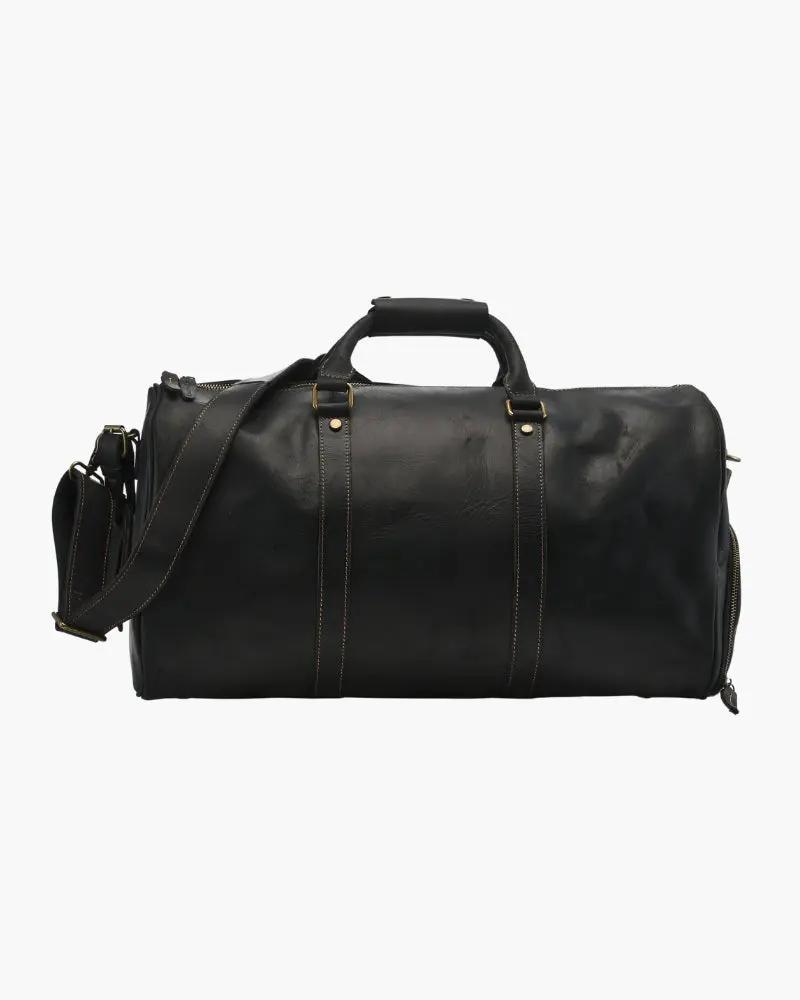 Sac de voyage en cuir Montague de la marque Old Money, brun, avec poignées robustes et fermeture zippée, pour un style élégant.