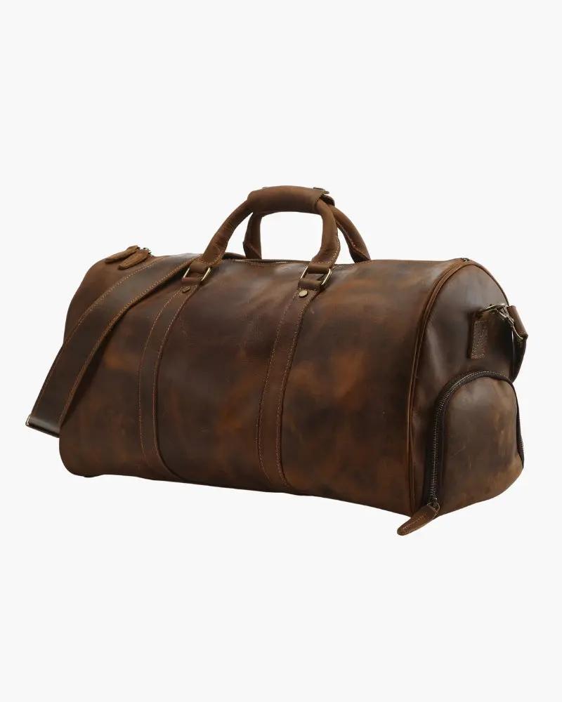 Sac de voyage en cuir Montague Old Money, brun, avec poignées robustes et fermeture élégante, idéal pour les escapades.