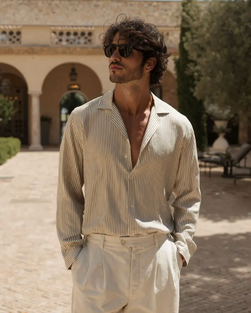 Chemise pour hommes à rayures brunes de la marque Old Money, col classique et manches longues.