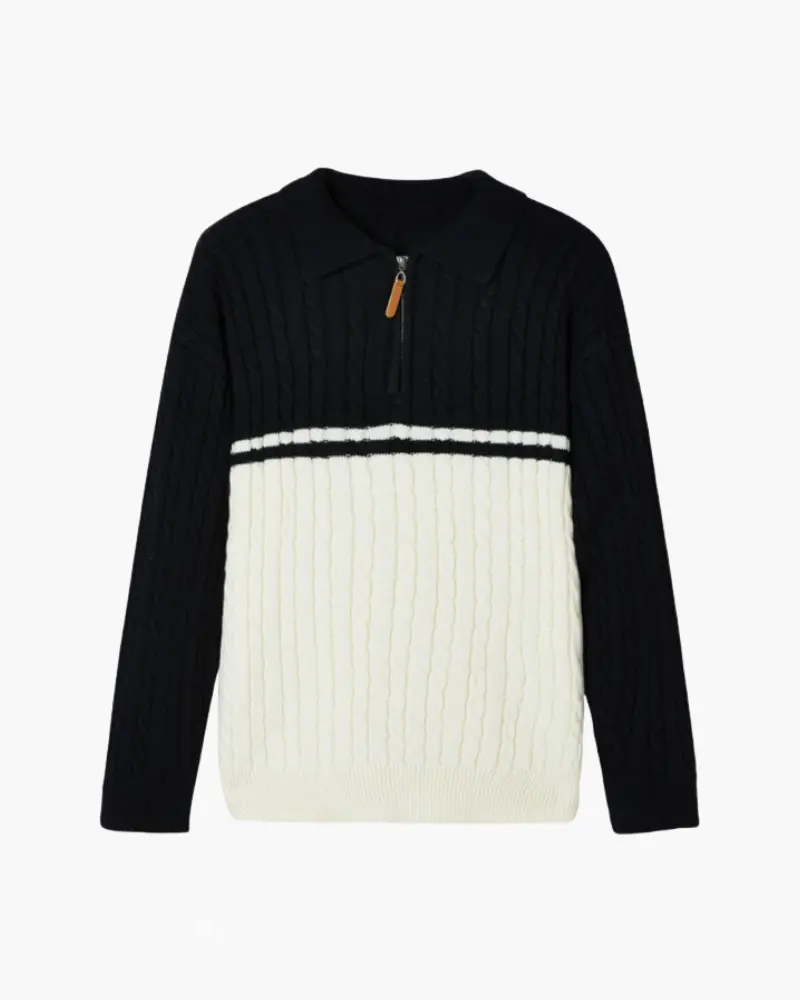 Pull en laine 100 % premium avec fermeture éclair, de la marque Old Money, couleur marron, taille XS, porté sur mannequin.