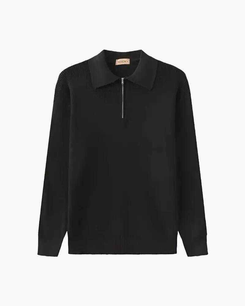 Pull en maille gris foncé Old Money Cesare à demi-zip, élégant et confortable, porté en mode décontracté.