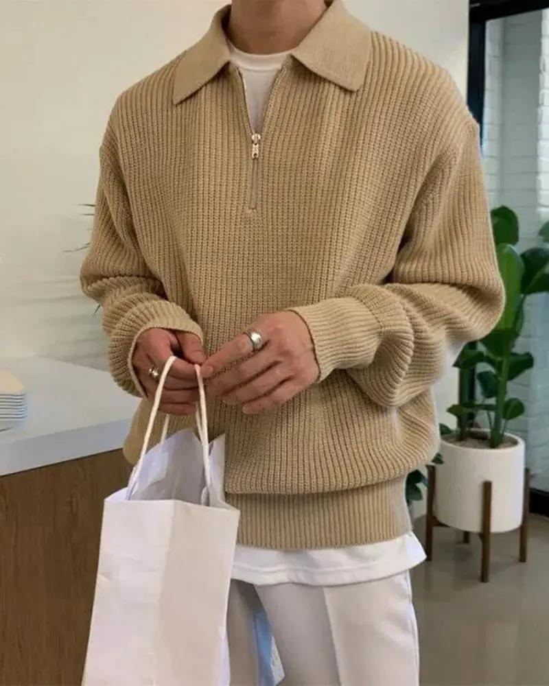 Pull homme Old Money gris foncé, col zippé mi-haut, style décontracté et élégant, en laine douce.