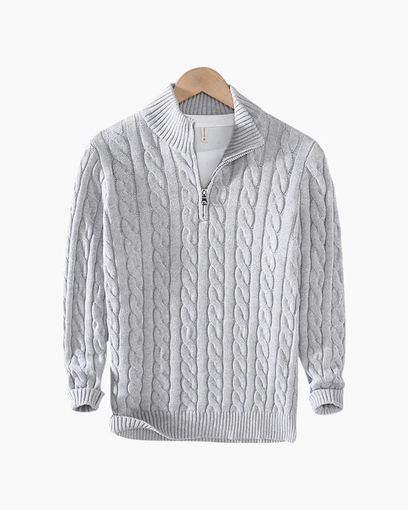 Pull à mi-zip gris Old Money Verbier en maille douce, style décontracté et élégant pour homme.