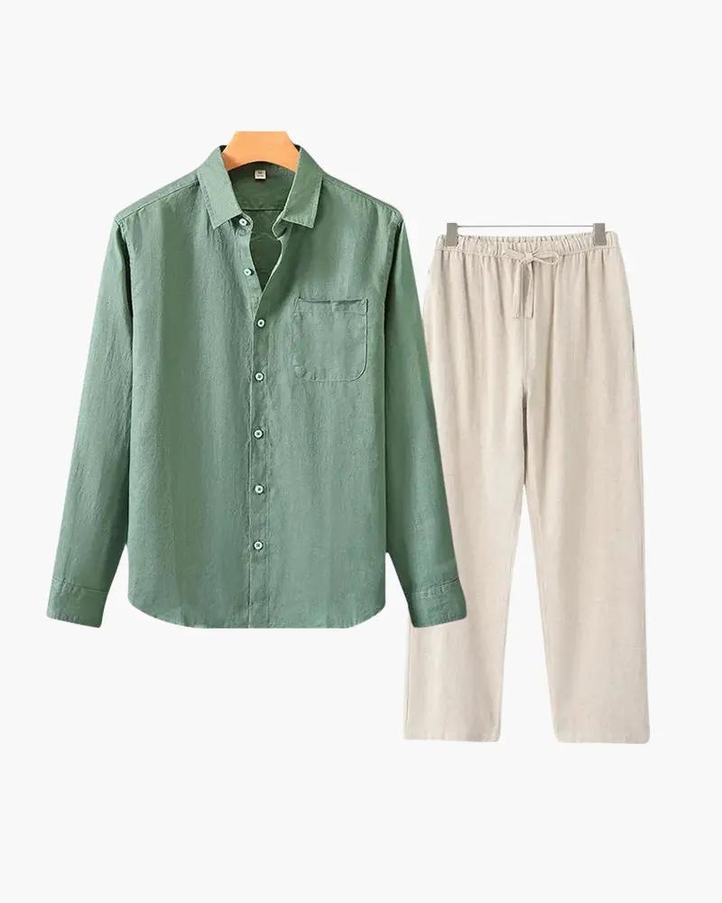 Chemise à manches longues Old Money en lin vert et beige, style combo élégant pour homme.