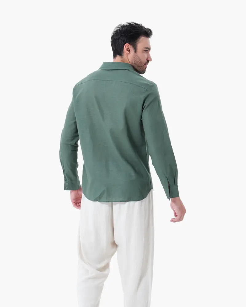 Chemise à manches longues Old Money Linen Combo en vert et beige, tissu en lin élégant et confortable.