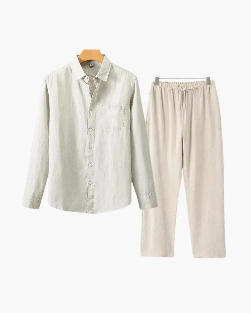 Chemise à manches longues Old Money en lin vert et beige, vêtement élégant et confortable pour un style décontracté.