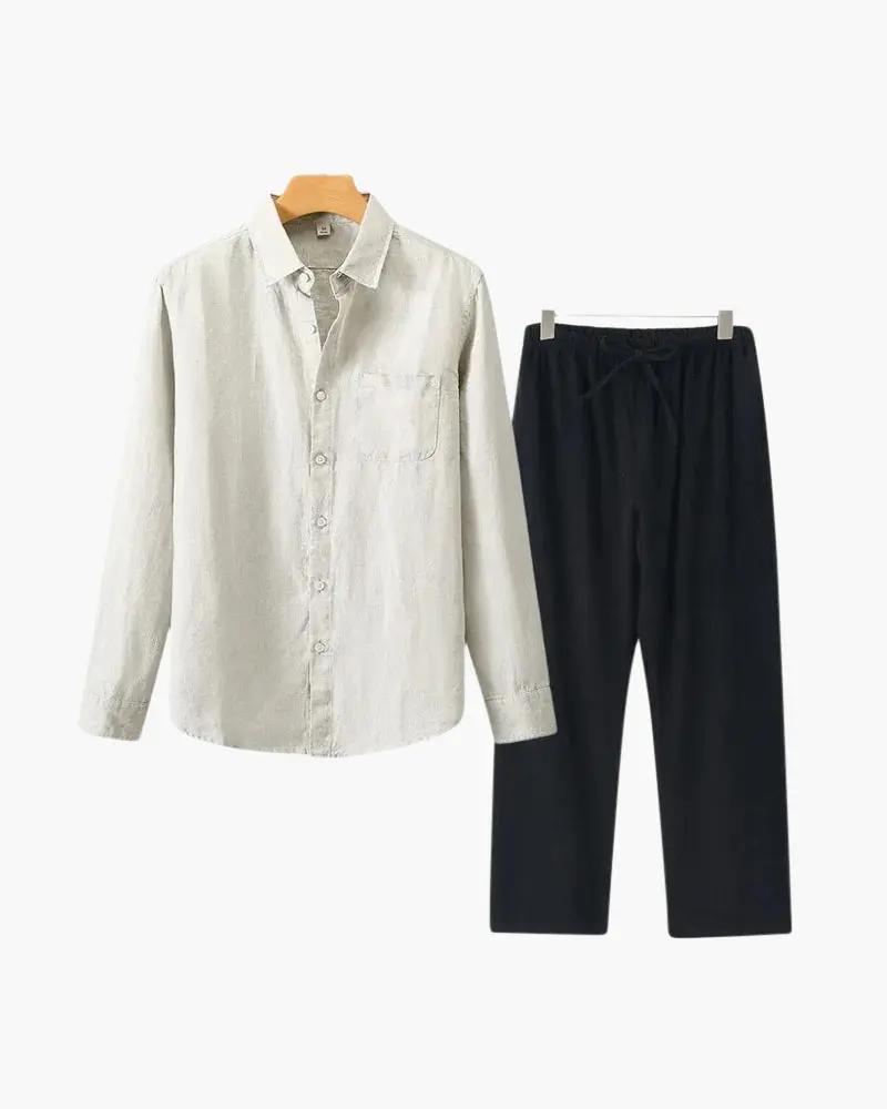 Chemise à manches longues Old Money en lin vert et beige, vêtement élégant et confortable pour un style décontracté.