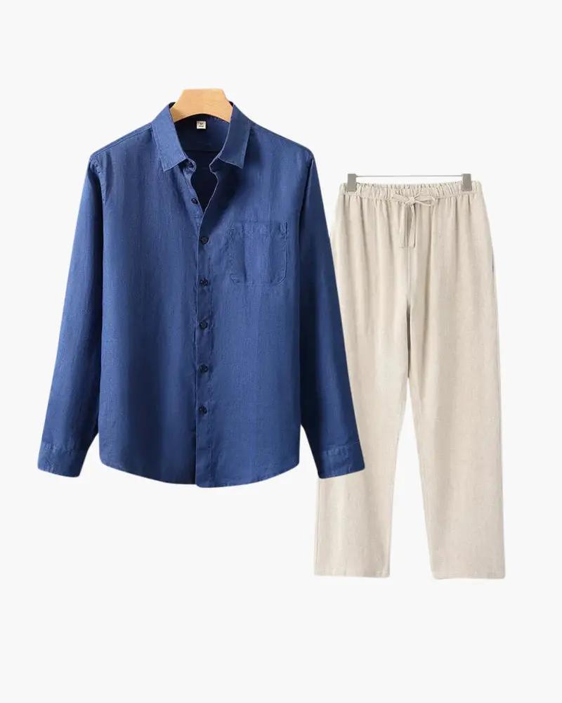 Chemise longue en lin Old Money, vert et beige, style casual et élégant, portée décontractée, tissu léger et respirant.