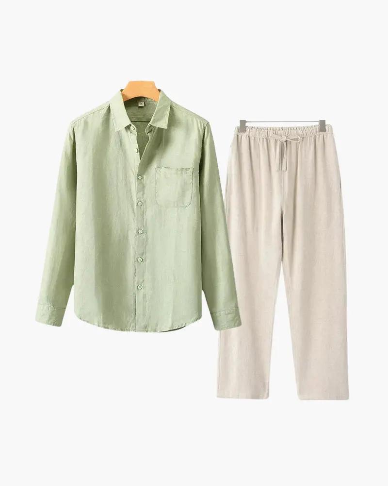 Chemise manches longues Old Money Linen Combo en vert et beige, tissu léger et élégant pour un style décontracté.