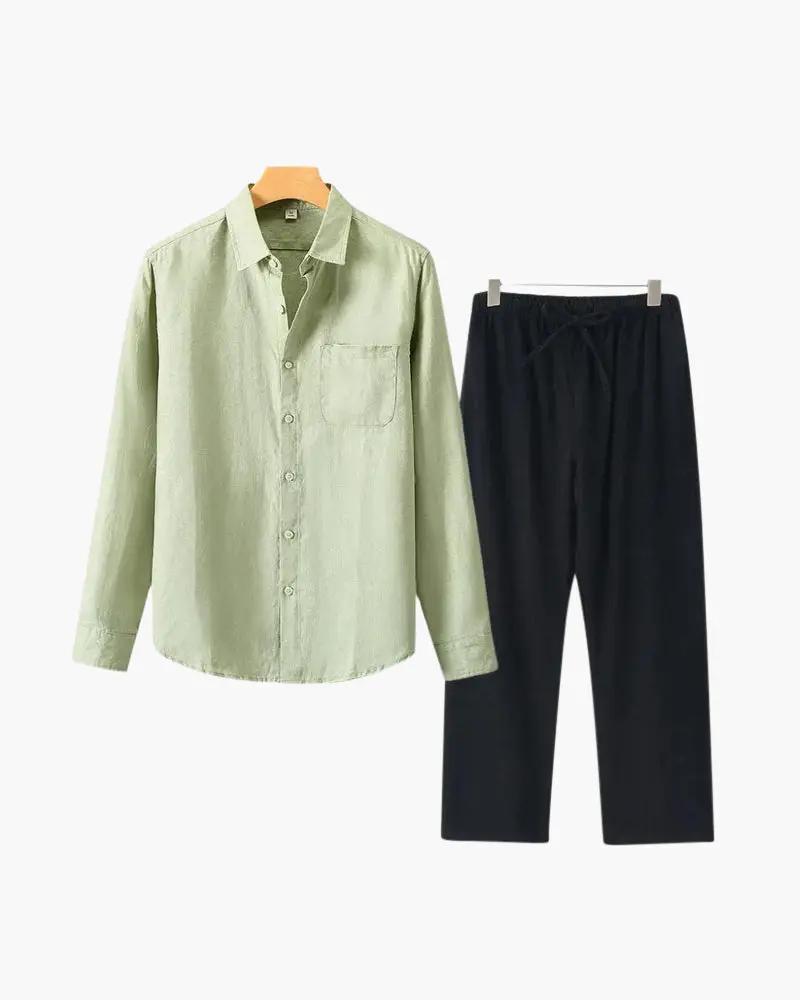 Chemise à manches longues Old Money en lin vert et beige, style élégant et confortable pour un look décontracté.