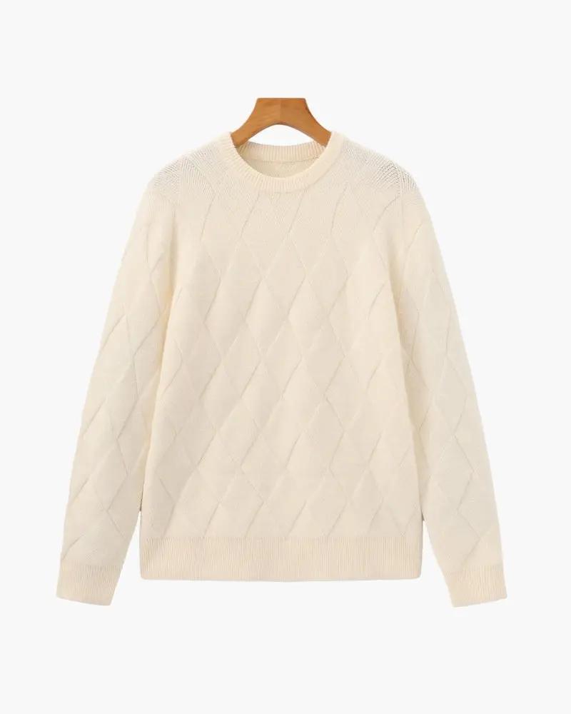 Pull blanc en tricot diamond, col ras du cou, marque Old Money, taille XS, vue de face.