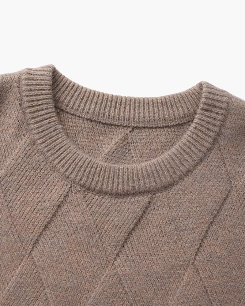 Pull en laine tricotée Diamond Knit Crewneck Sweater Old Money de couleur ivoire, taille XS, avec motif en diamant.