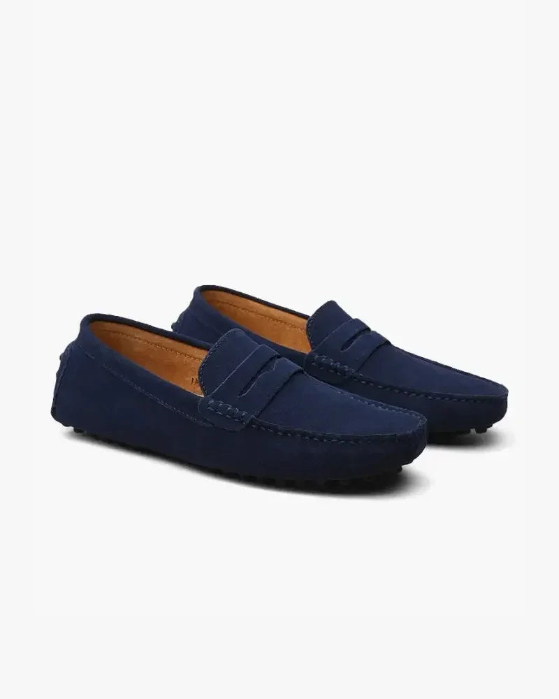 Mocassins en daim Old Money Driver Marine Bleu, taille EU 38, pour homme, vues de dessus avec semelle en cuir.